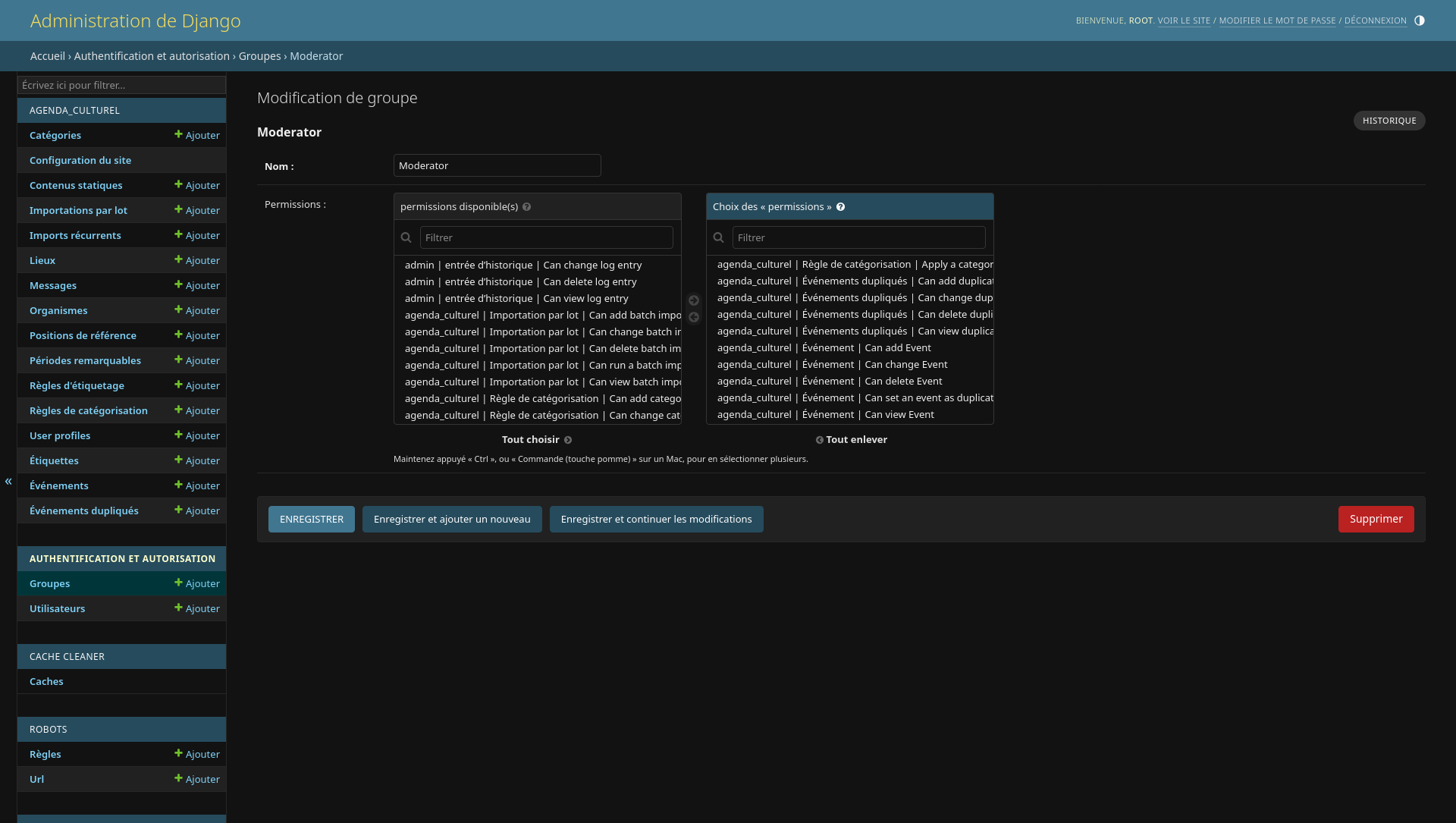 Interface des droits du groupe de modération