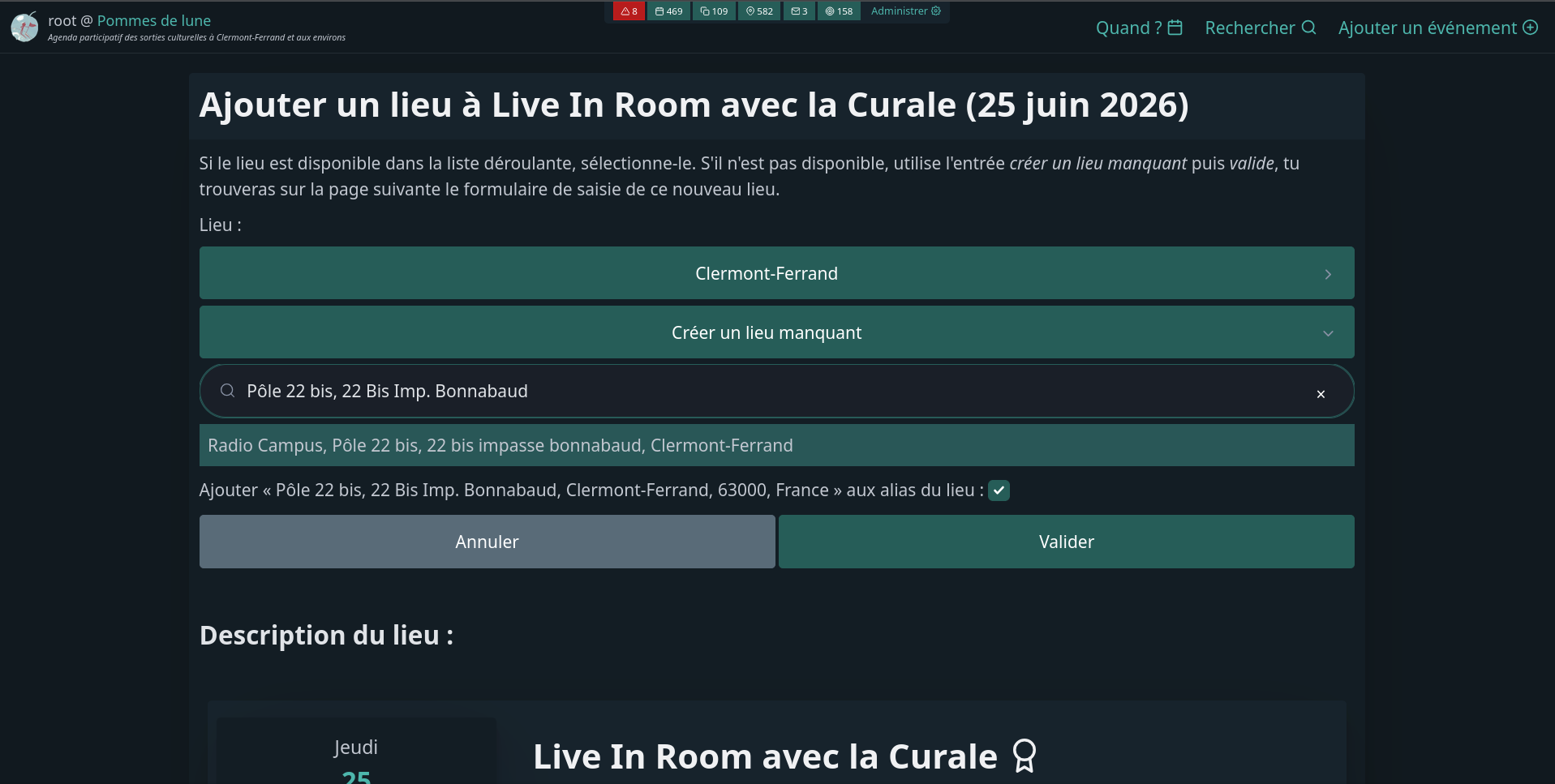 Interface de localisation d'un événement