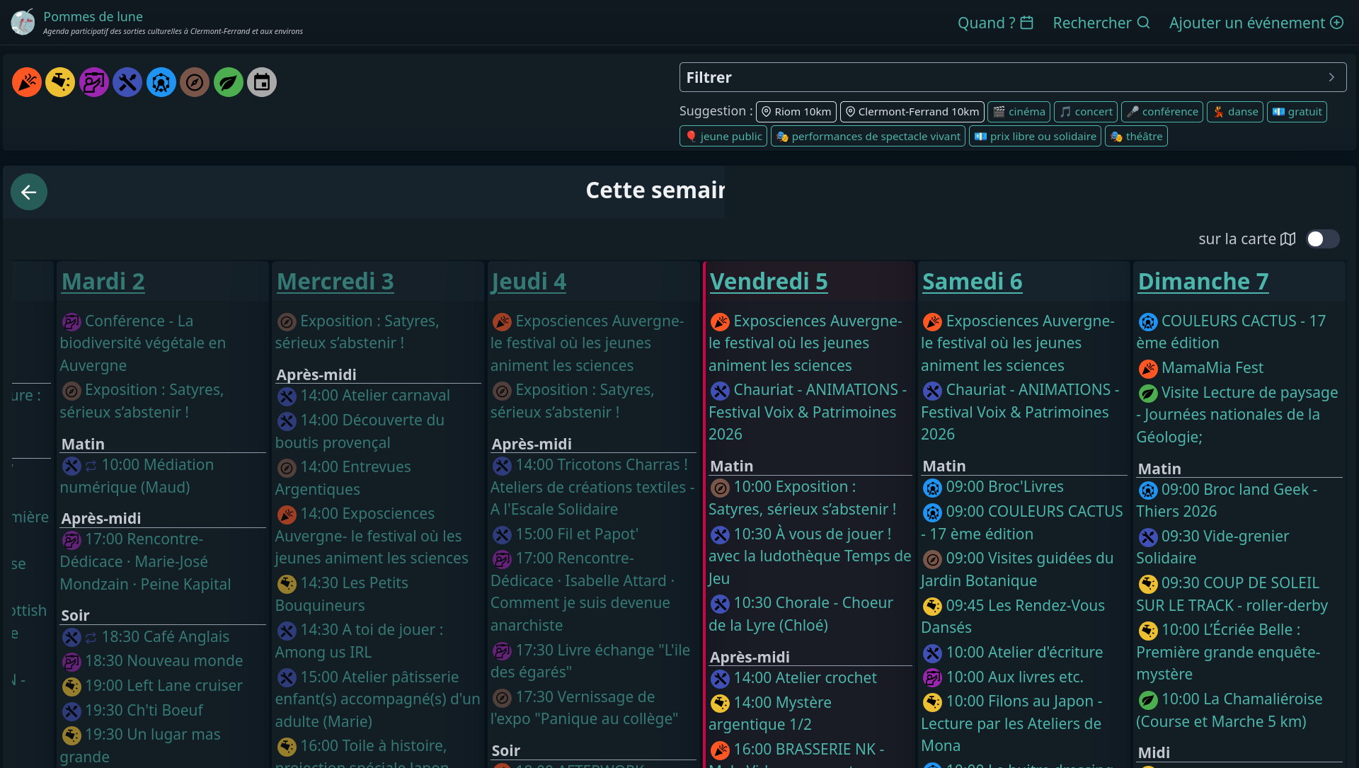 Page d'accueil de l'instance Pommes de lune (version sombre)